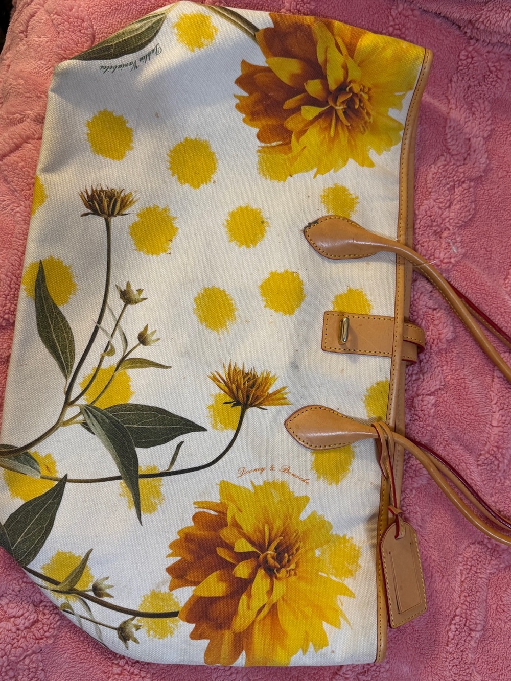 Dooney and Bourke Vintage Floral Canvas Tote Bag with Yellow Bloom Print